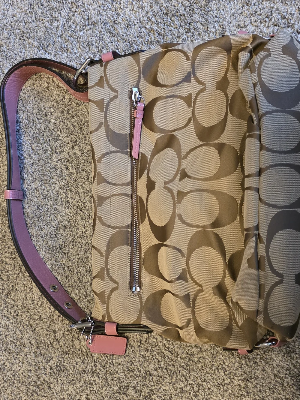 Coach Signature Canvas Hobo Bag in Khaki with Pink Trim - Picture 2 of 5